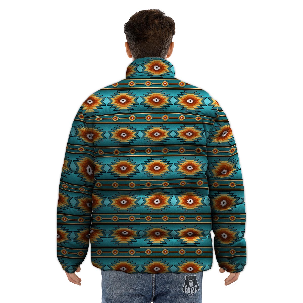 Navajo Teal Southwestern Print Pattern Puffer Jacket-grizzshop