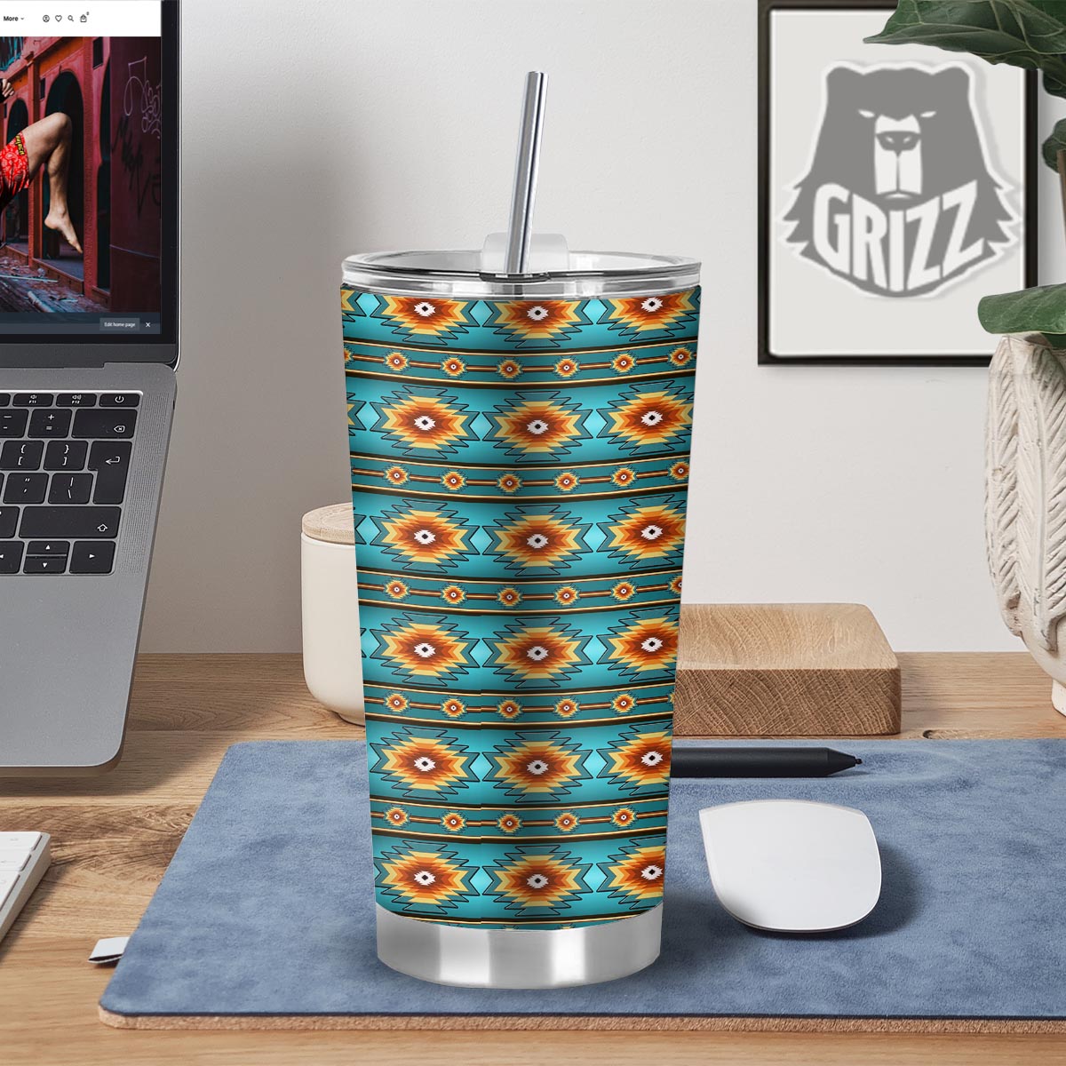 Navajo Teal Southwestern Print Pattern Tumbler-grizzshop