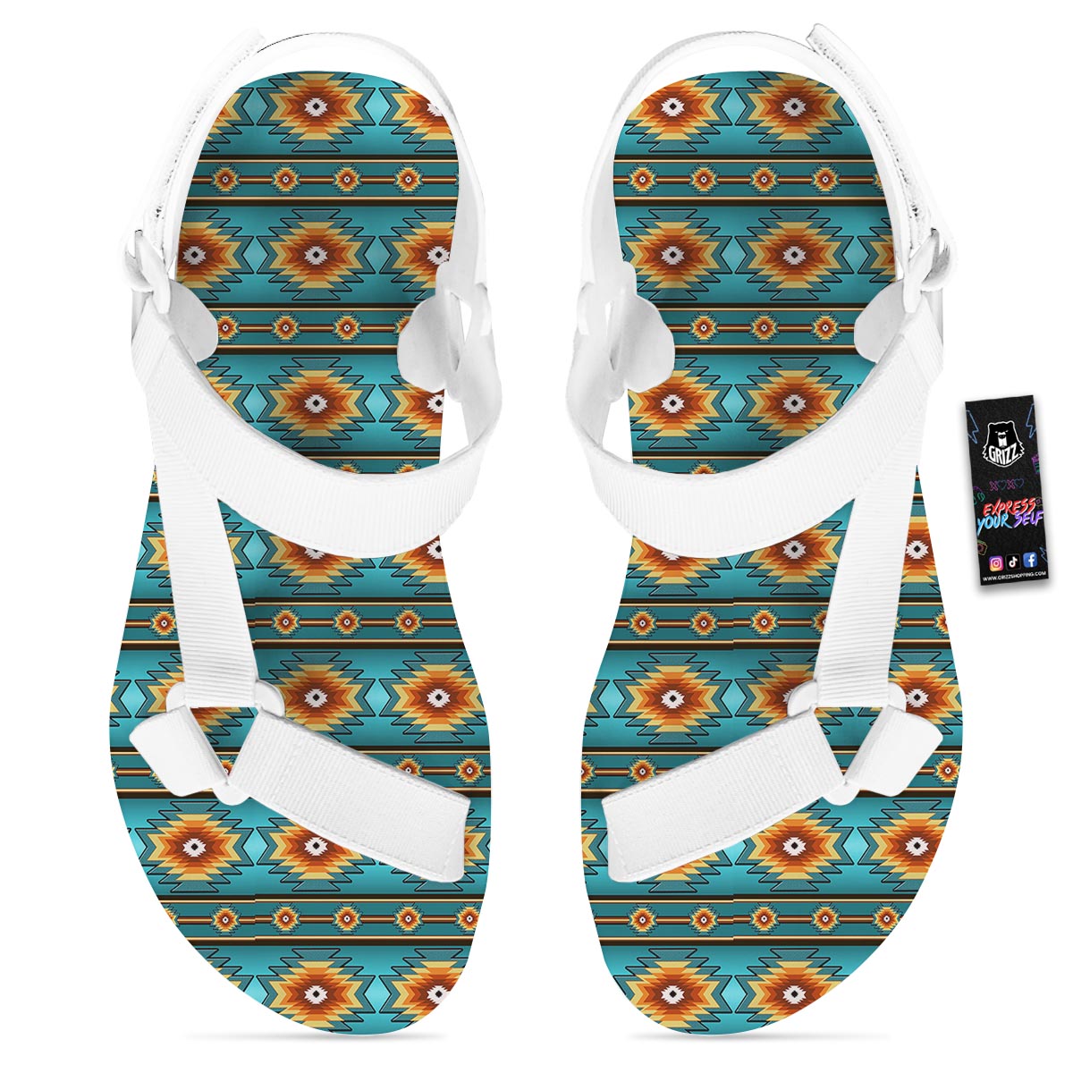 Navajo Teal Southwestern Print Pattern White Open Toe Sandals-grizzshop
