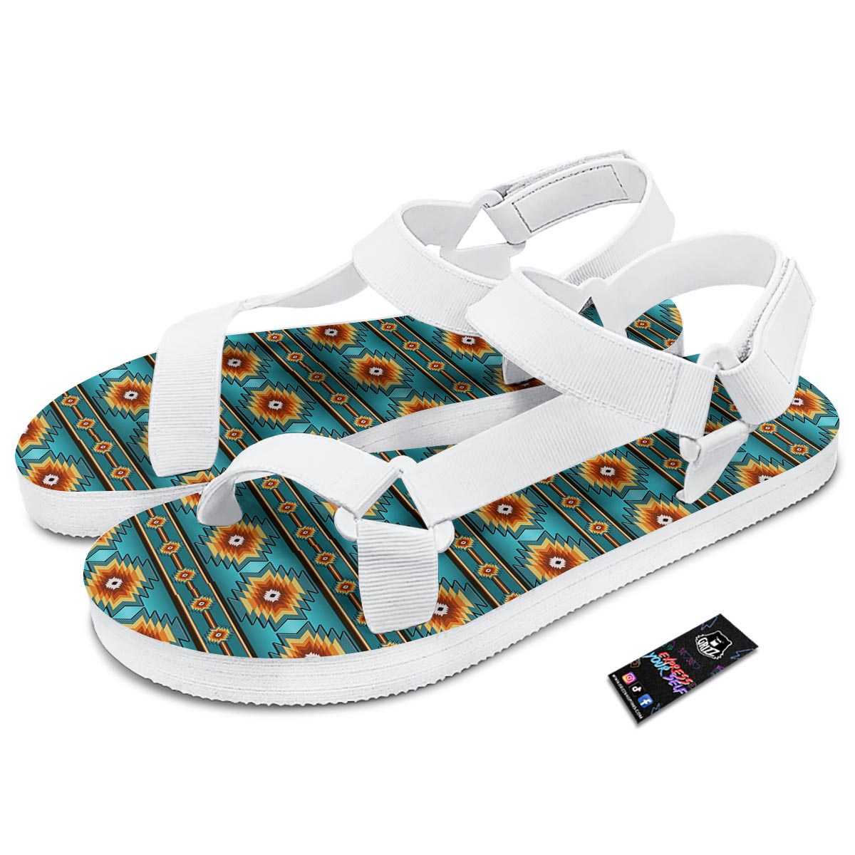 Navajo Teal Southwestern Print Pattern White Open Toe Sandals-grizzshop