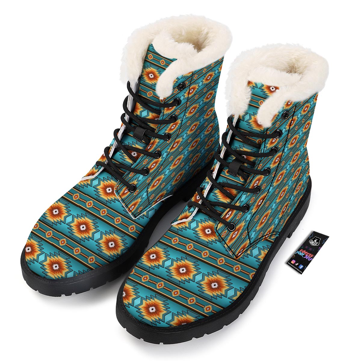 Navajo Teal Southwestern Print Pattern Winter Boots-grizzshop