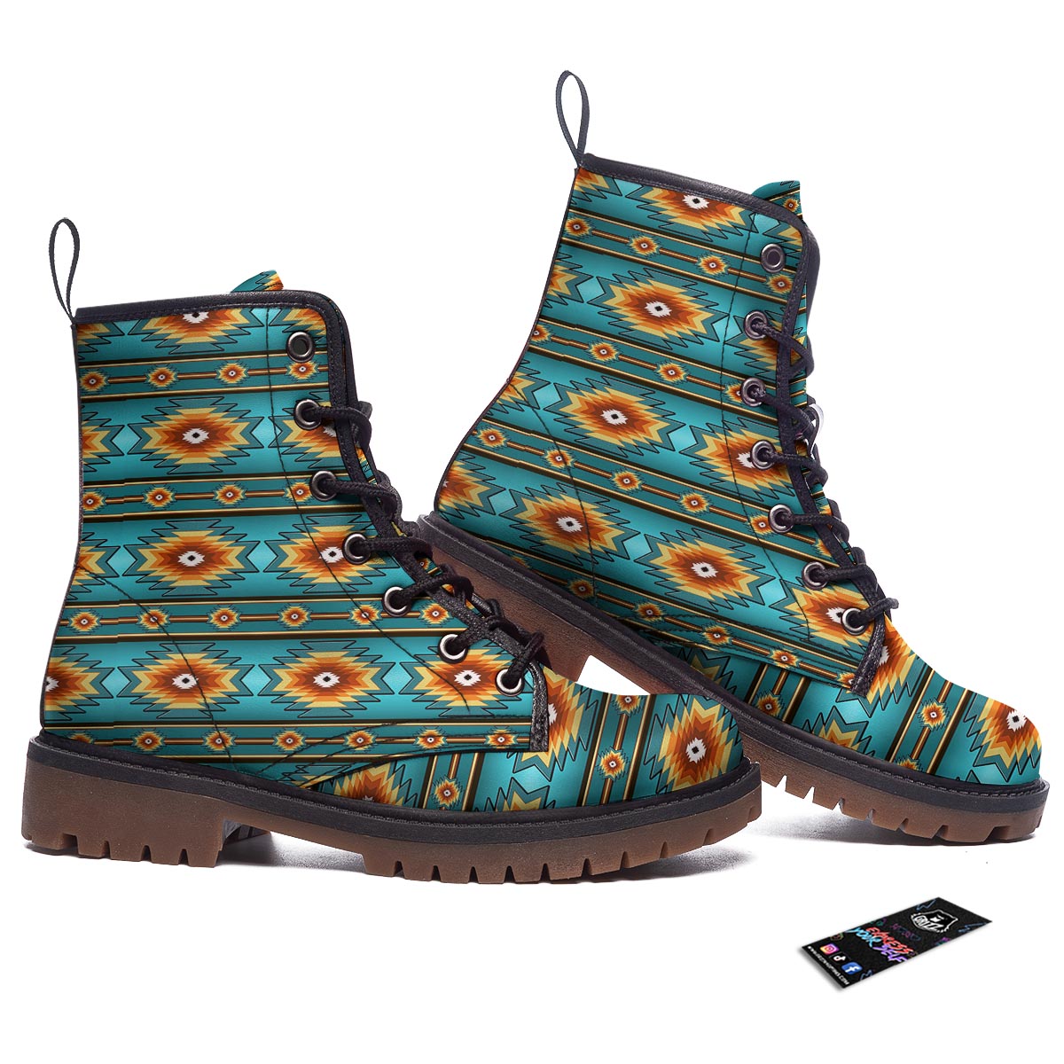 Navajo Teal Southwestern Print Pattern Work Boots-grizzshop