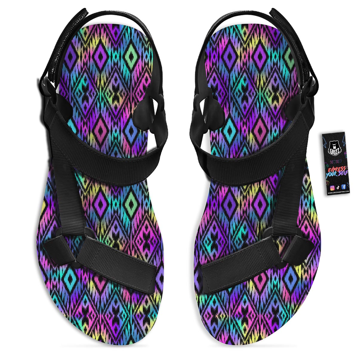 Navajo Triangle Ethnic Print Pattern Black Open Toe Sandals-grizzshop