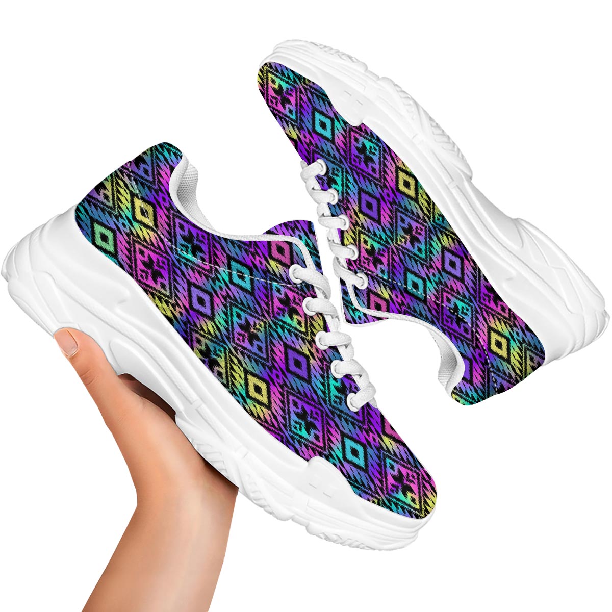 Navajo Triangle Ethnic Print Pattern White Chunky Shoes-grizzshop