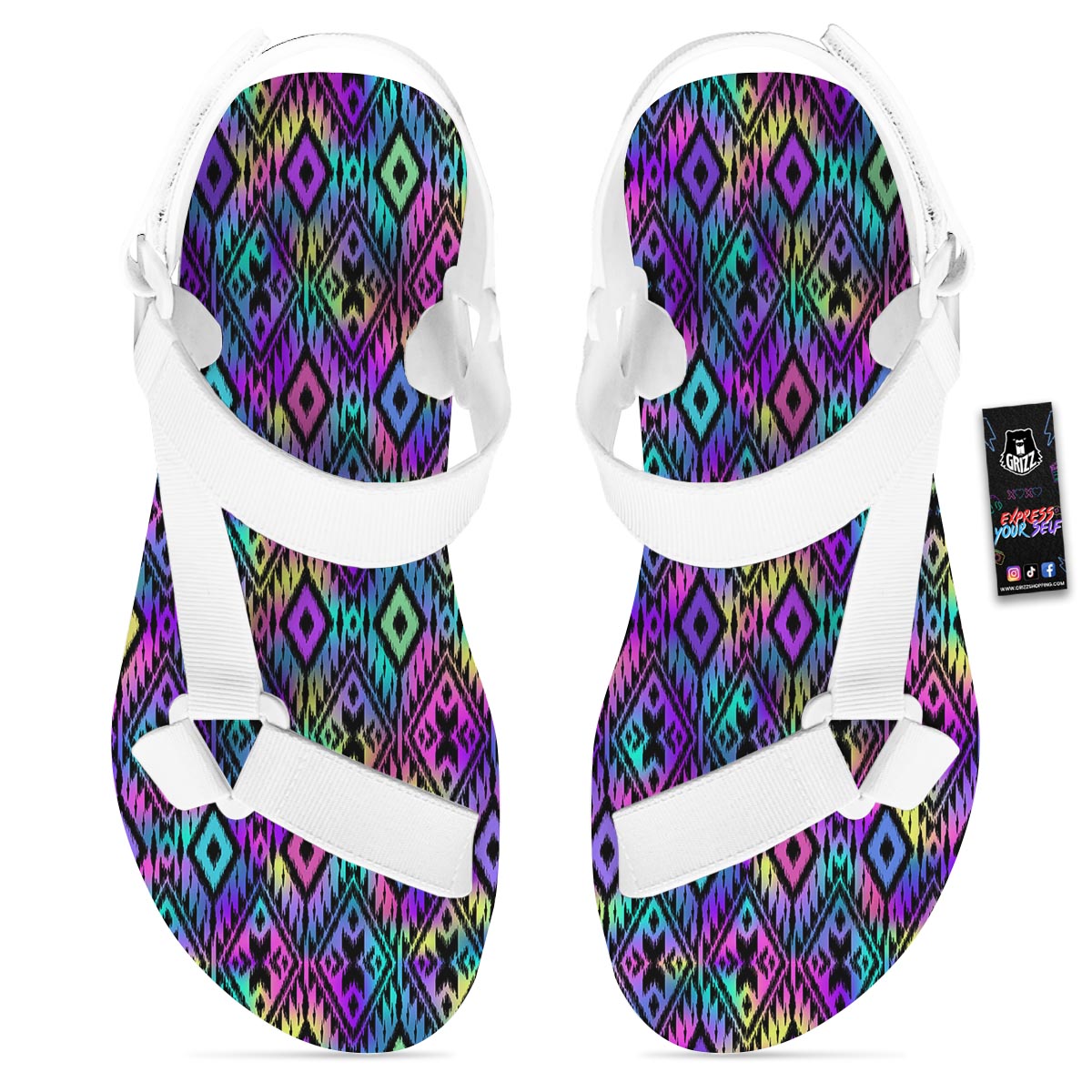 Navajo Triangle Ethnic Print Pattern White Open Toe Sandals-grizzshop