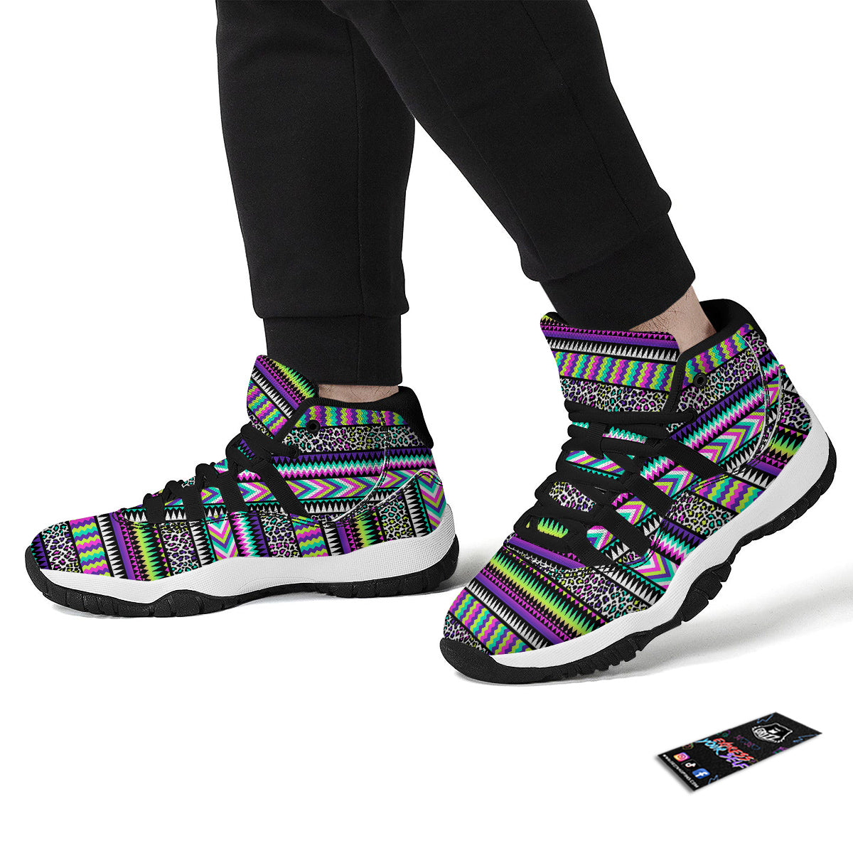 Navajo Tribal Colorful Leopard Print Black Bball Shoes-grizzshop