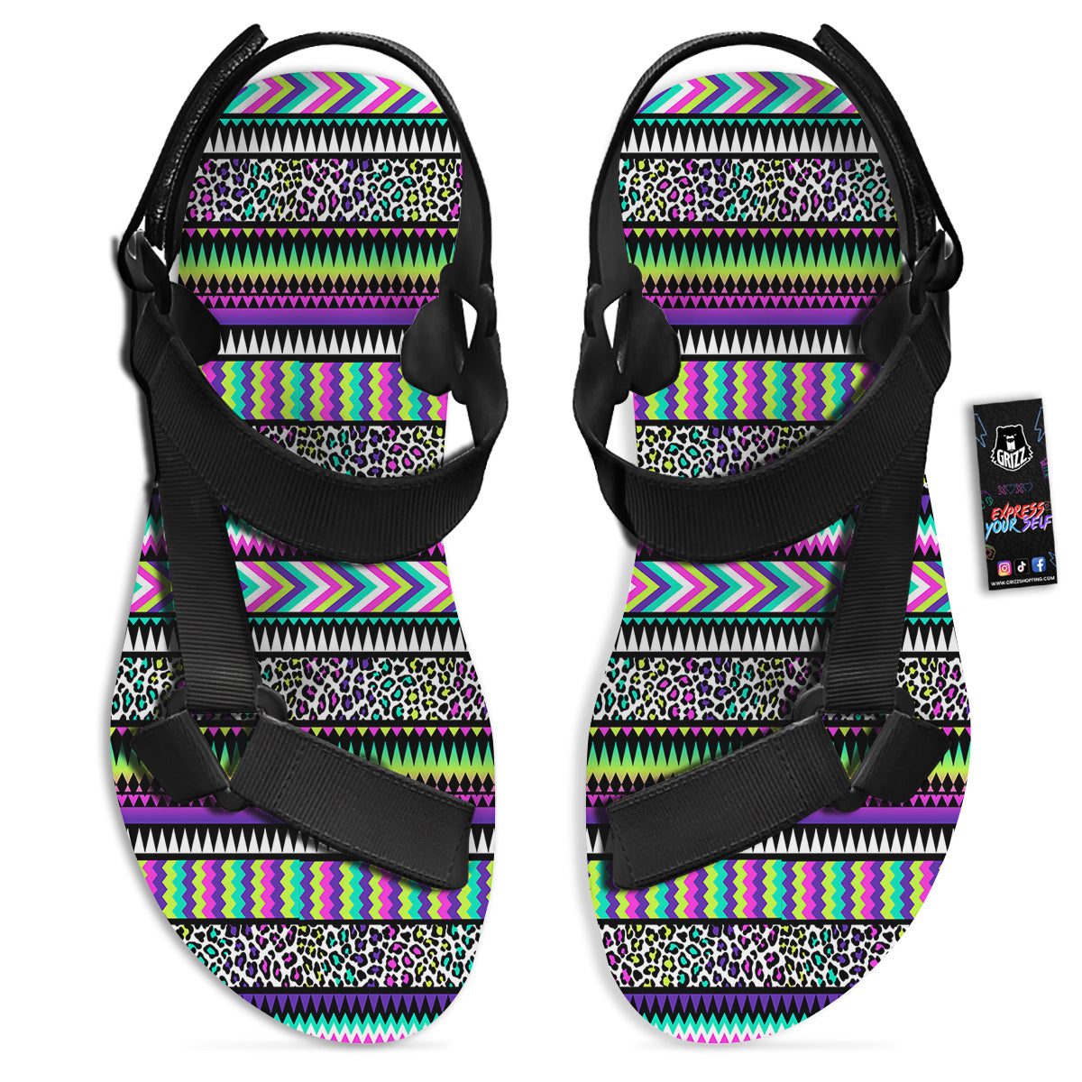 Navajo Tribal Colorful Leopard Print Black Open Toe Sandals-grizzshop