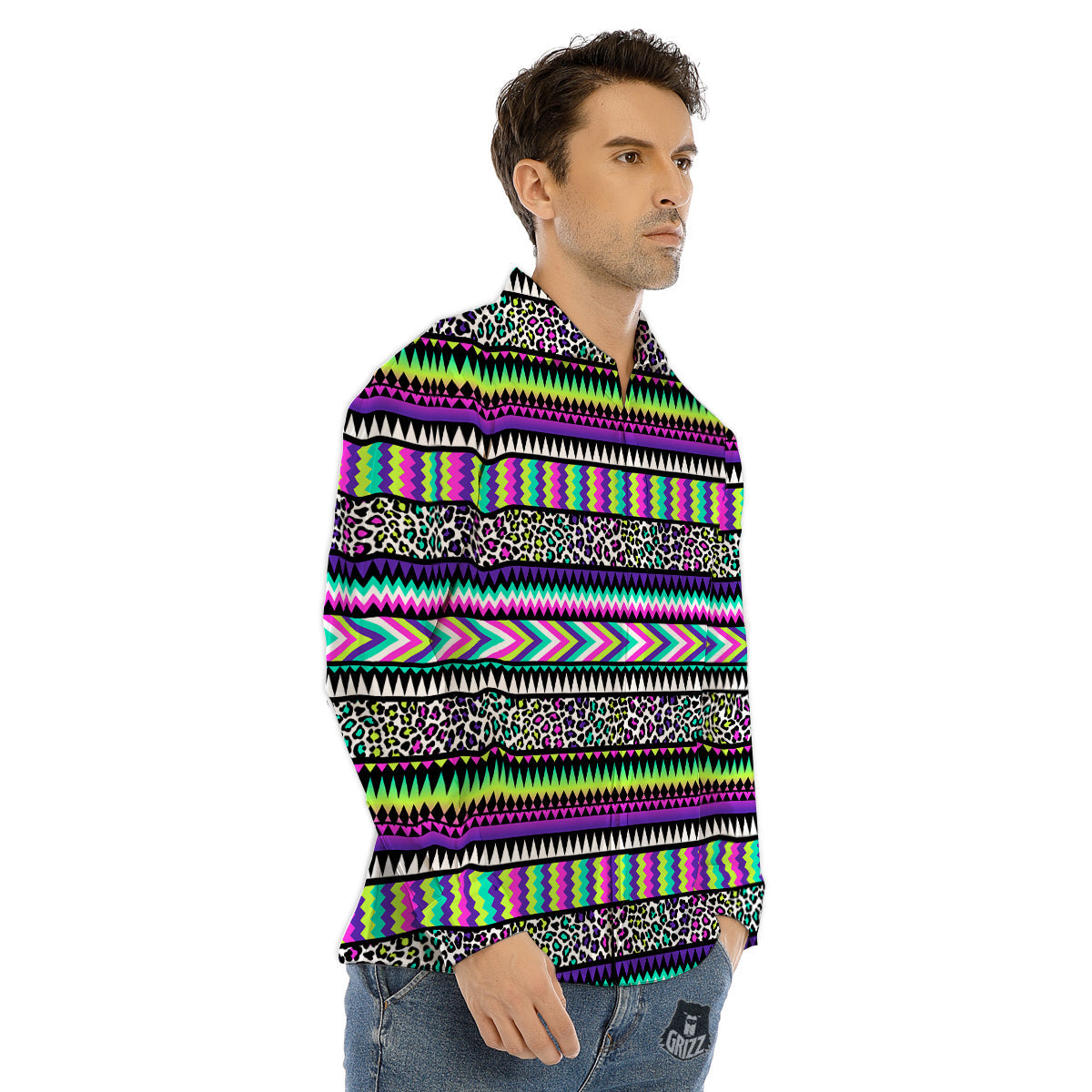 Navajo Tribal Colorful Leopard Print Men's Dress Shirts-grizzshop