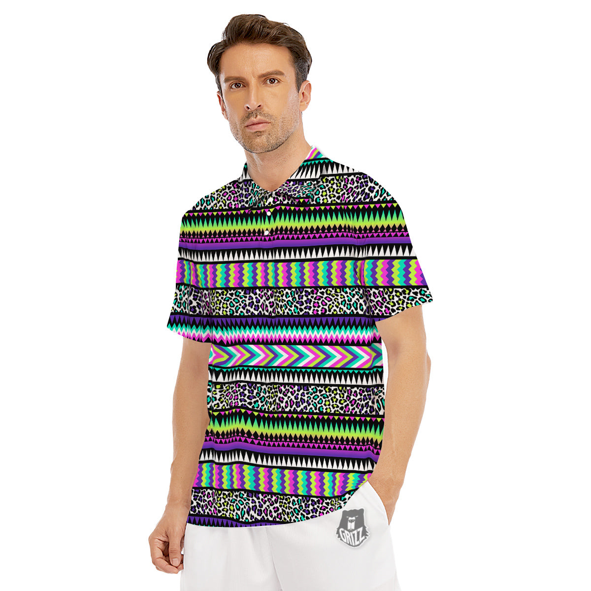 Navajo Tribal Colorful Leopard Print Men's Golf Shirts-grizzshop