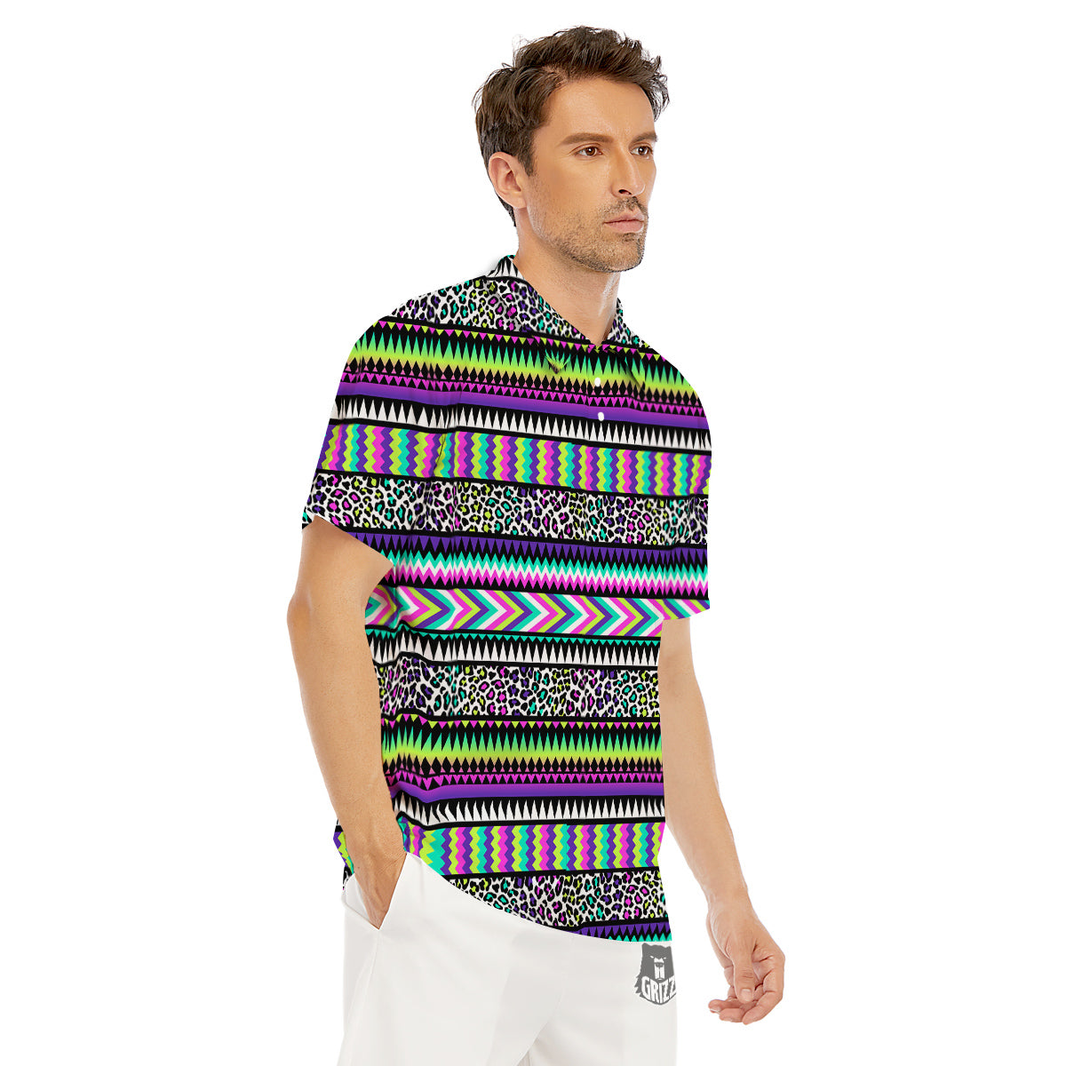 Navajo Tribal Colorful Leopard Print Men's Golf Shirts-grizzshop