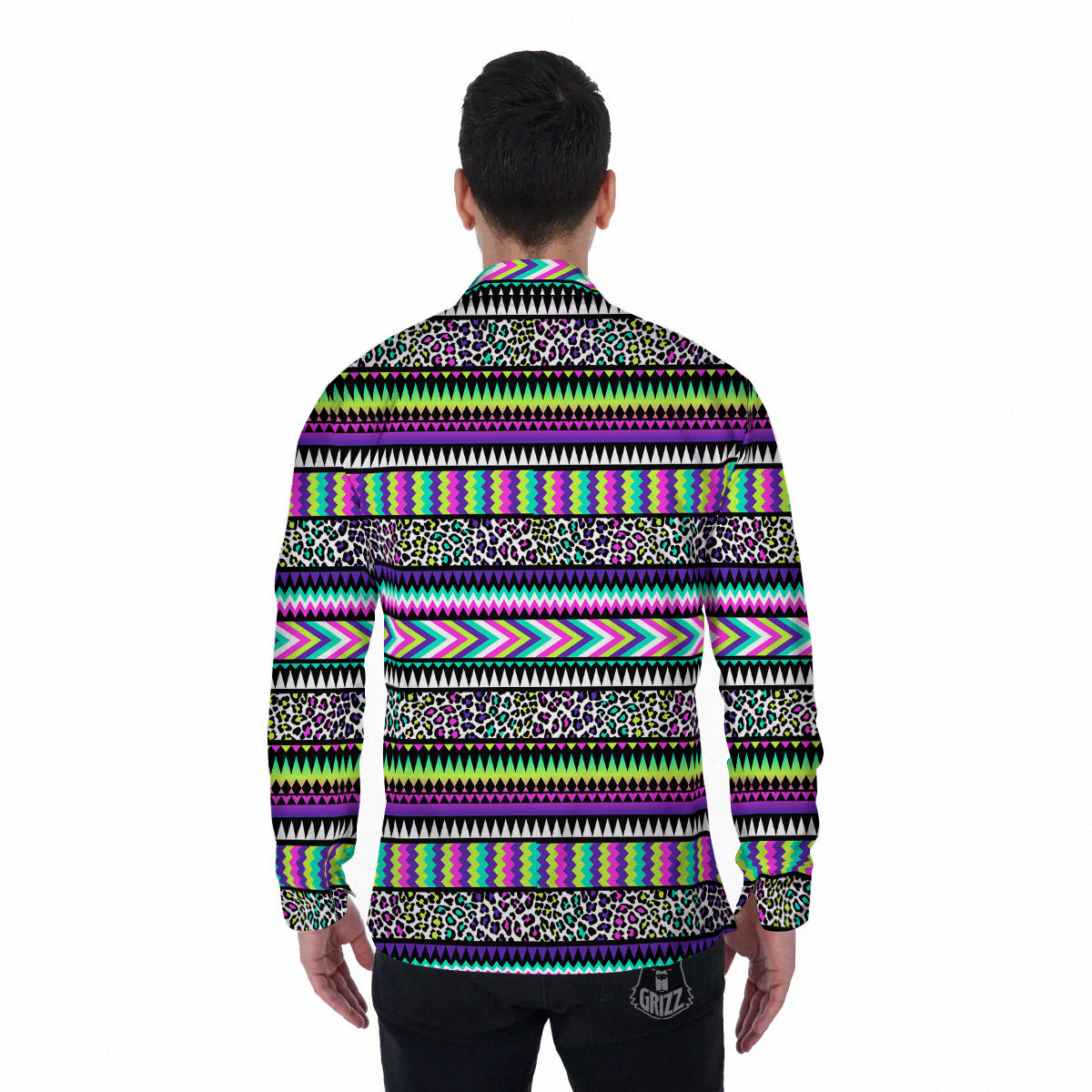 Navajo Tribal Colorful Leopard Print Men's Long Sleeve Shirts-grizzshop