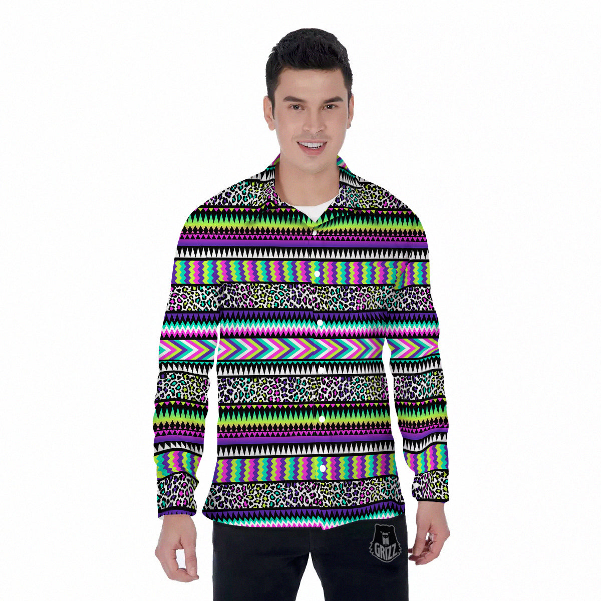 Navajo Tribal Colorful Leopard Print Men's Long Sleeve Shirts-grizzshop