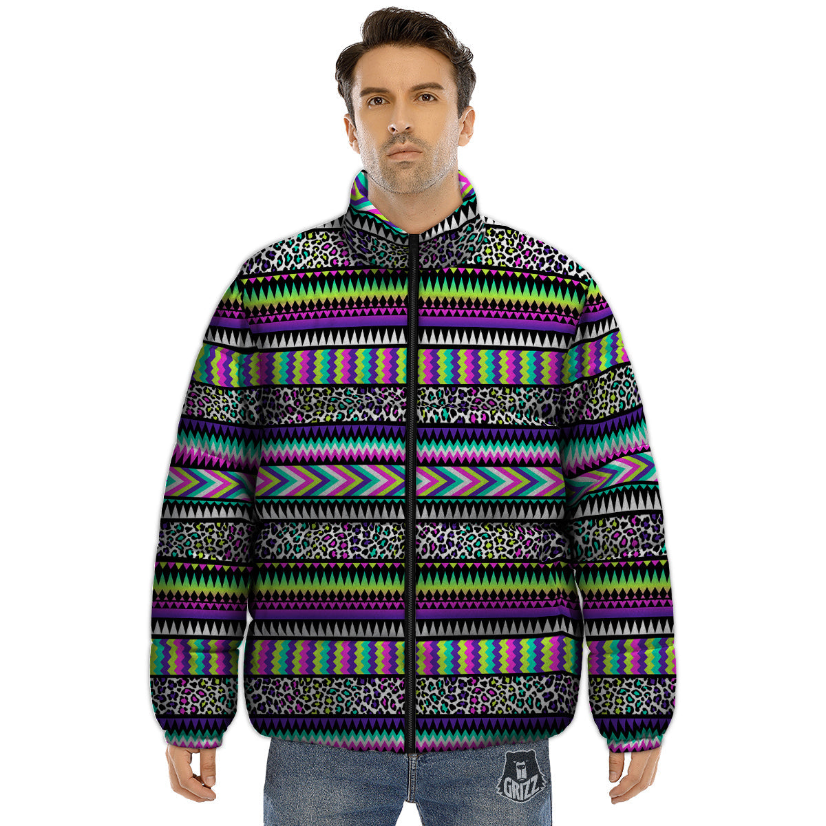 Navajo Tribal Colorful Leopard Print Puffer Jacket-grizzshop