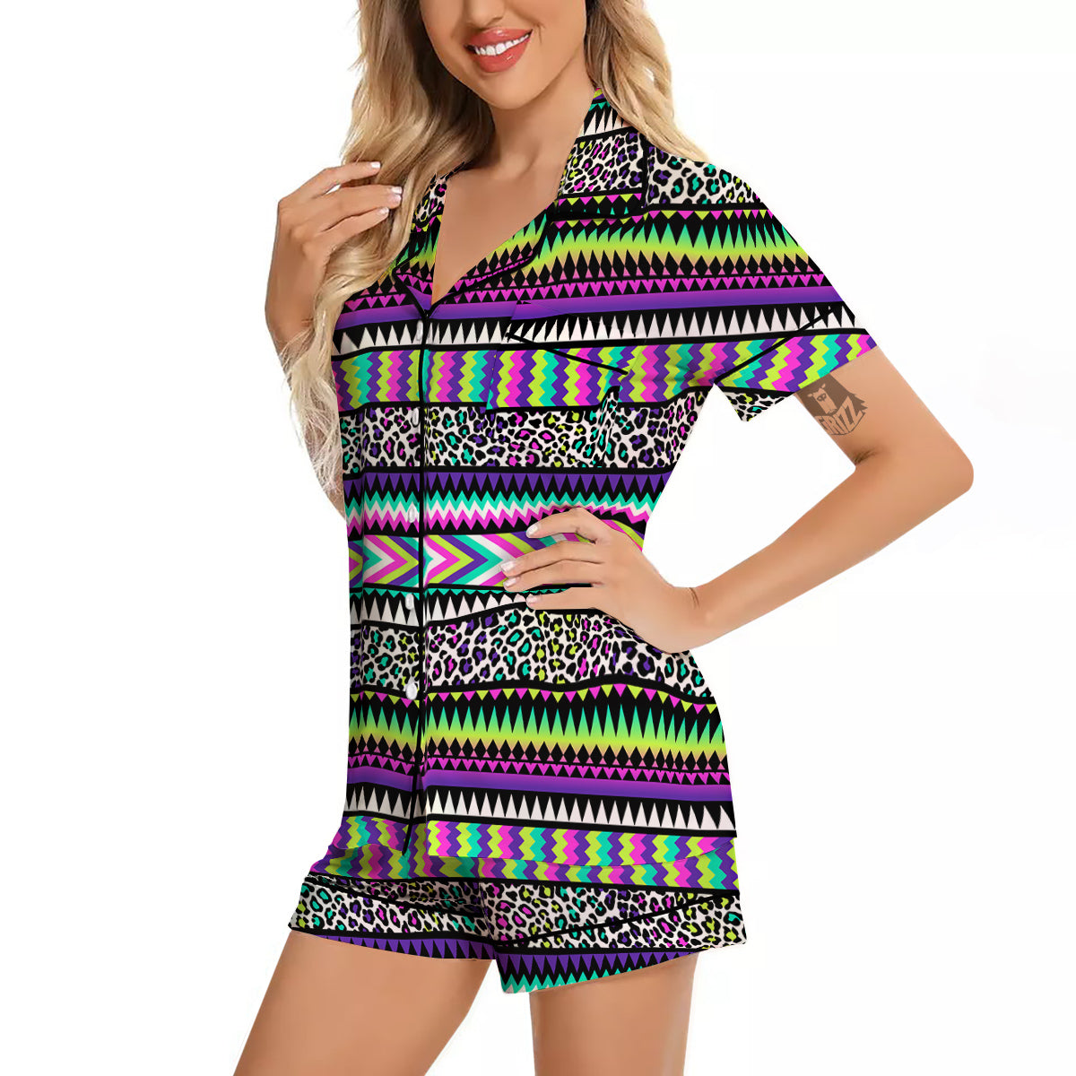 Navajo Tribal Colorful Leopard Print Women Silk Pajamas-grizzshop