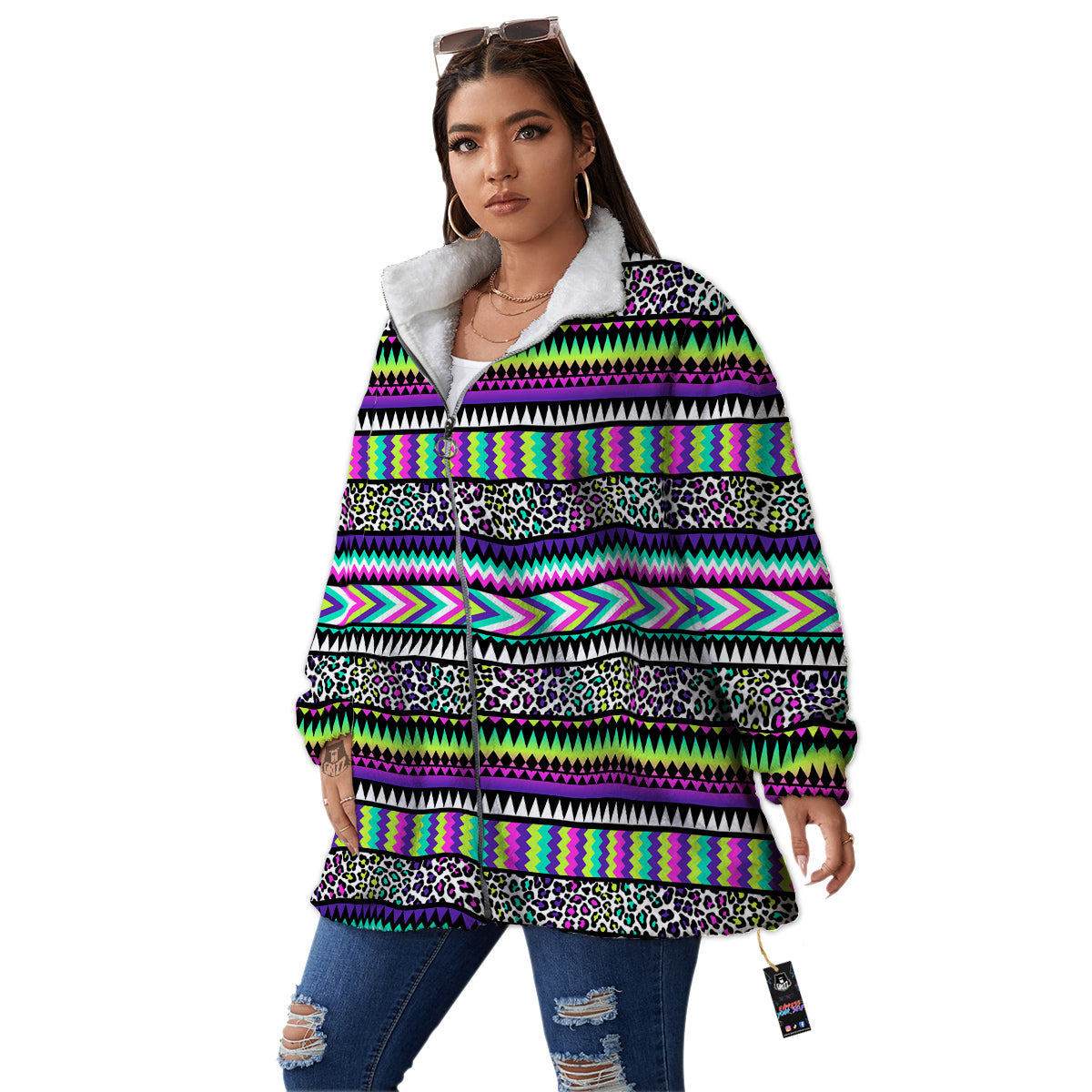 Navajo Tribal Colorful Leopard Print Women's Sherpa Jacket-grizzshop