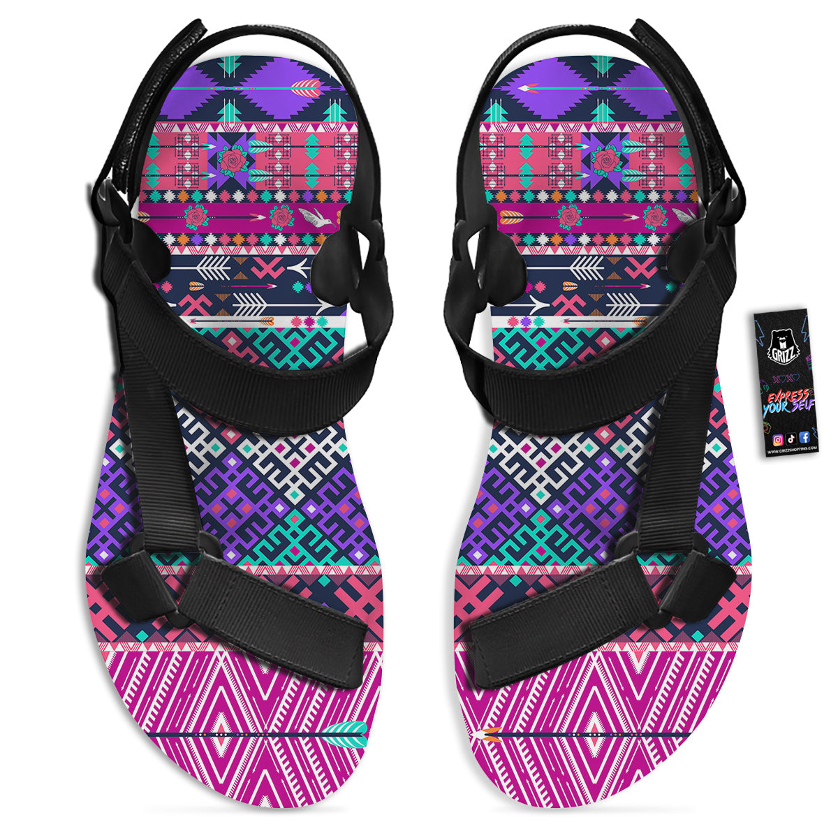 Navajo Tribal Colorful Native Print Black Open Toe Sandals-grizzshop