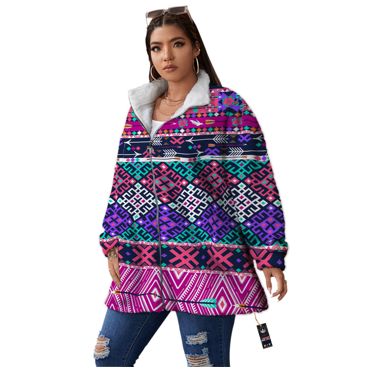 Navajo Tribal Colorful Native Print Women's Sherpa Jacket-grizzshop