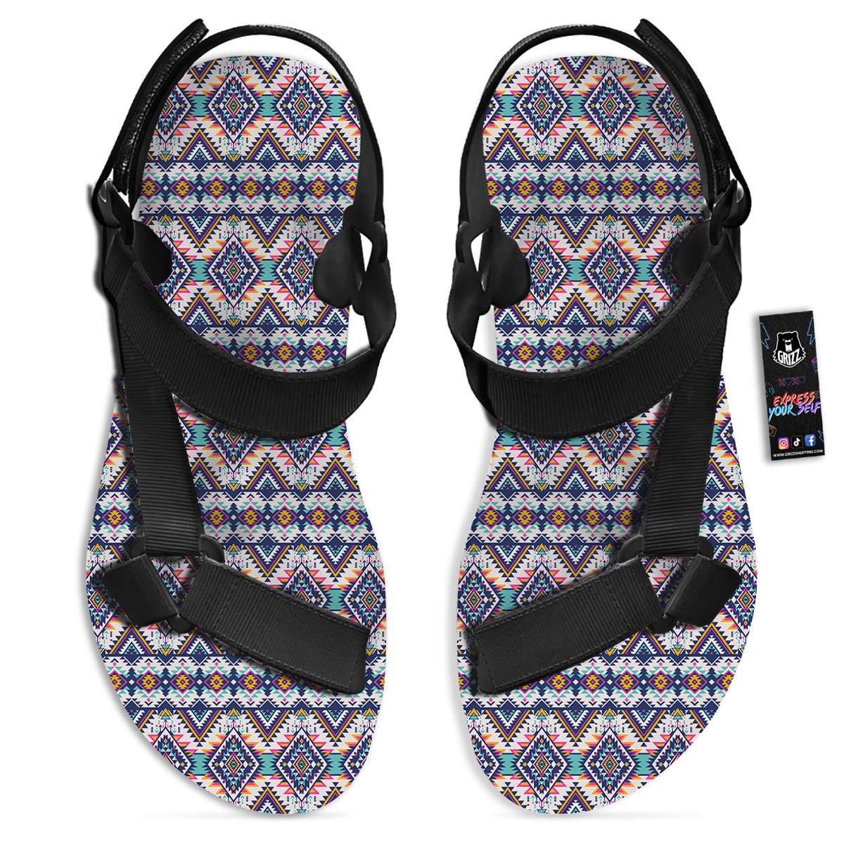 Navajo Tribal Pendleton Print Pattern Black Open Toe Sandals-grizzshop