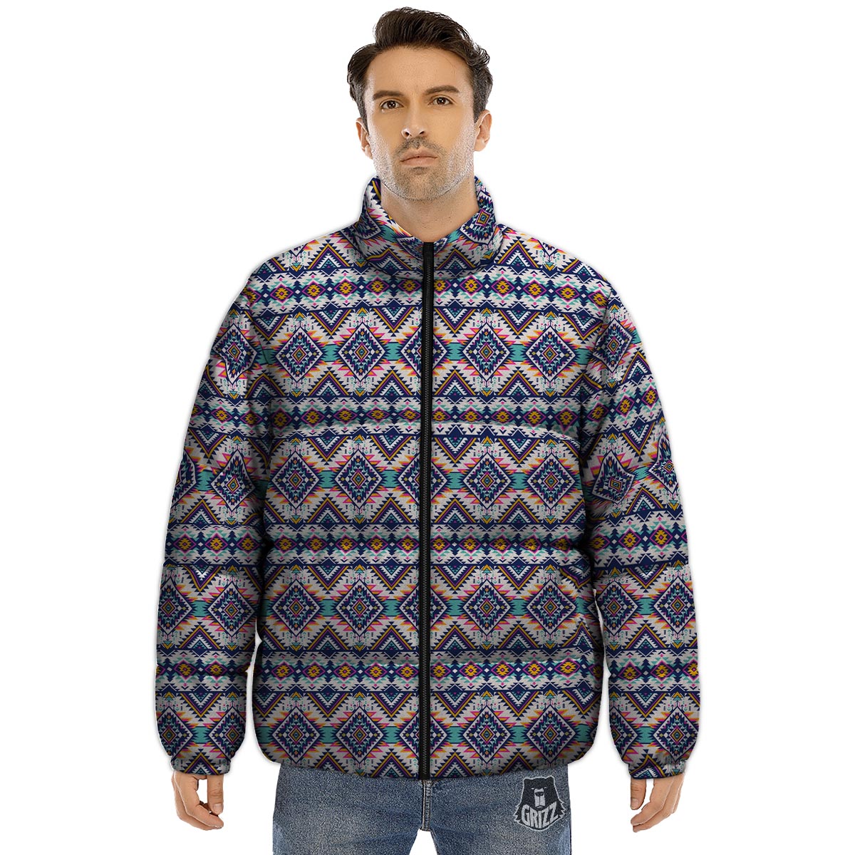 Navajo Tribal Pendleton Print Pattern Puffer Jacket-grizzshop