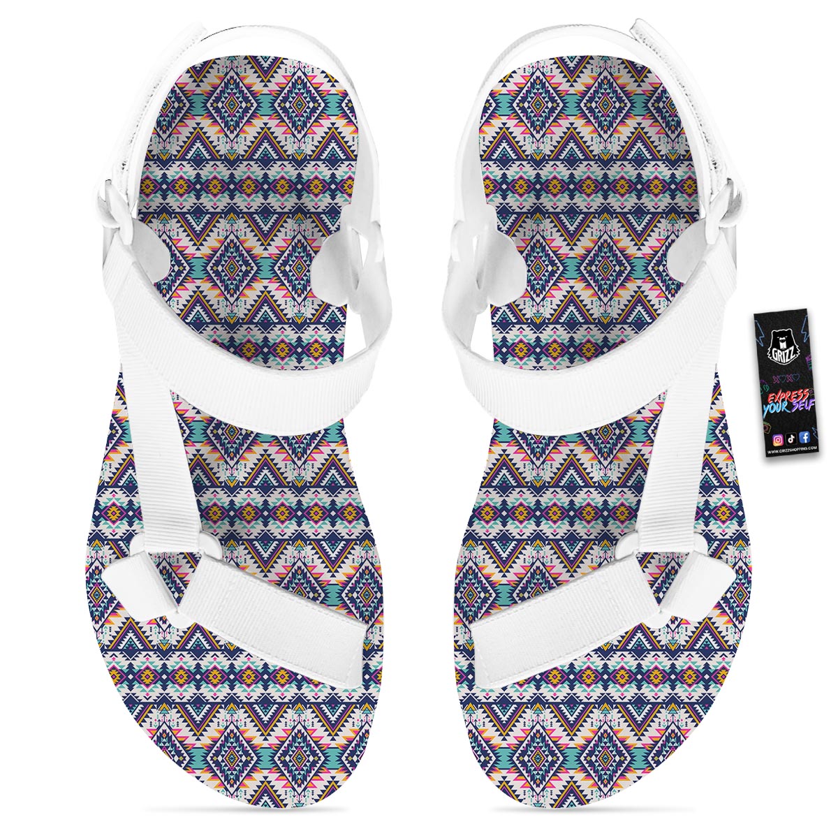 Navajo Tribal Pendleton Print Pattern White Open Toe Sandals-grizzshop