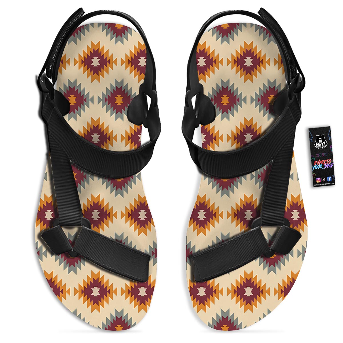 Navajo Tribal Southwestern Print Pattern Black Open Toe Sandals-grizzshop