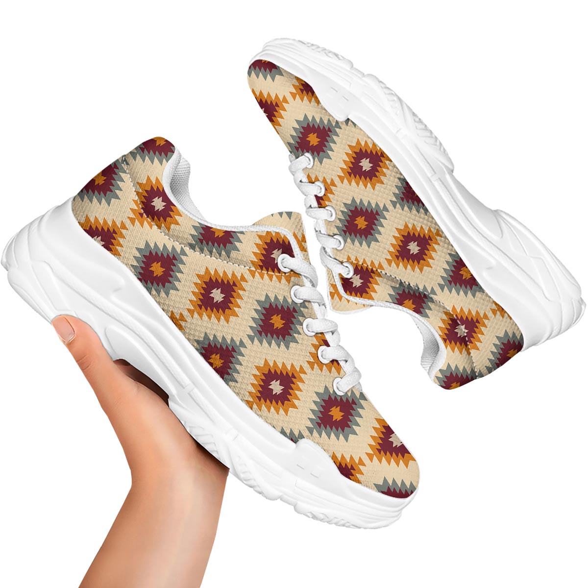 Navajo Tribal Southwestern Print Pattern White Chunky Shoes-grizzshop