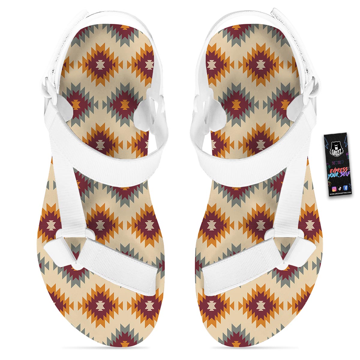 Navajo Tribal Southwestern Print Pattern White Open Toe Sandals-grizzshop