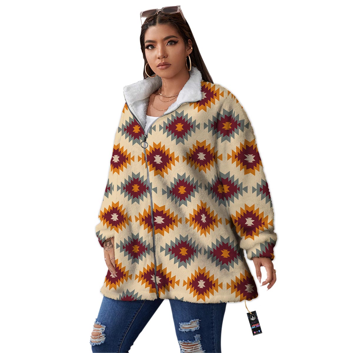 Navajo Tribal Southwestern Print Pattern Women's Sherpa Jacket-grizzshop