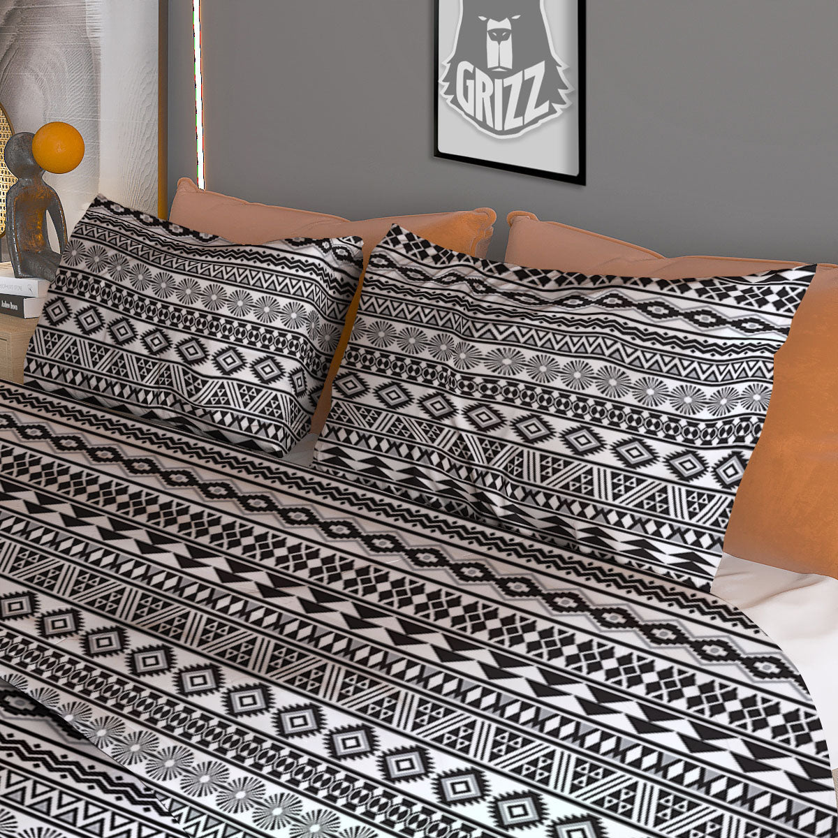 Navajo Tribal White And Black Print Duvet Cover Bedding Set