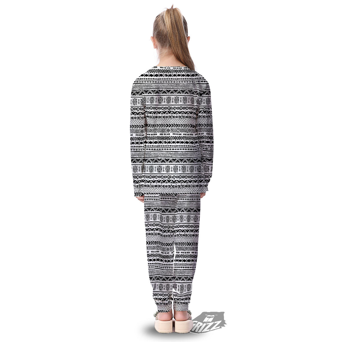 Navajo White And Black Print Pattern Kid's Pajamas-grizzshop