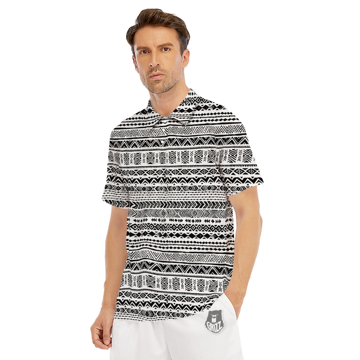 Navajo White And Black Print Pattern Men's Golf Shirts-grizzshop