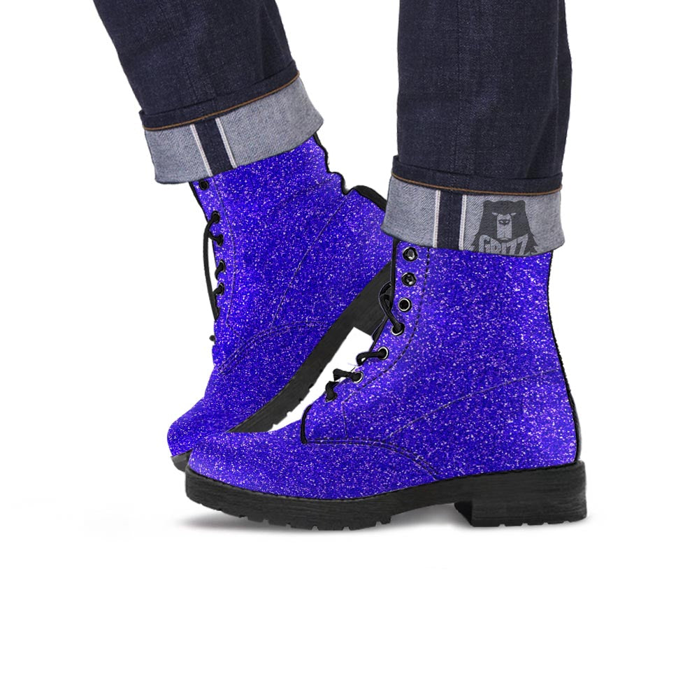 Navy Glitter Artwork Print Leather Boots-grizzshop