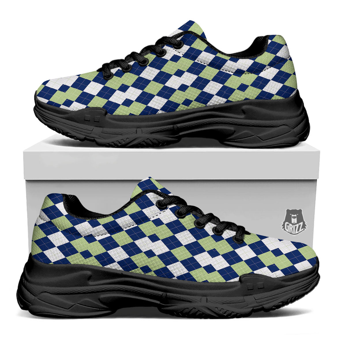 Navy Green And White Argyle Print Black Chunky Shoes-grizzshop