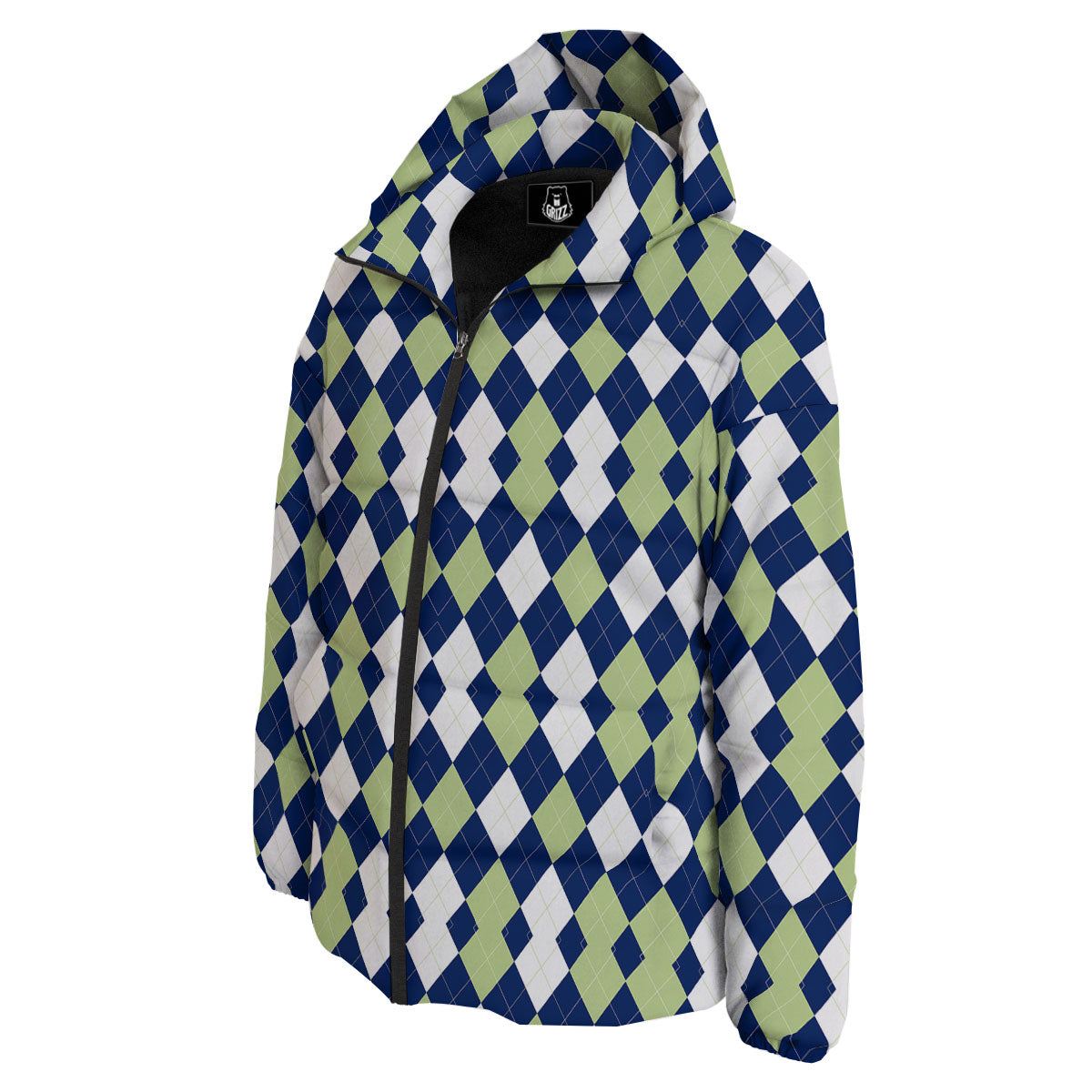 Navy Green And White Argyle Print Down Jacket-grizzshop