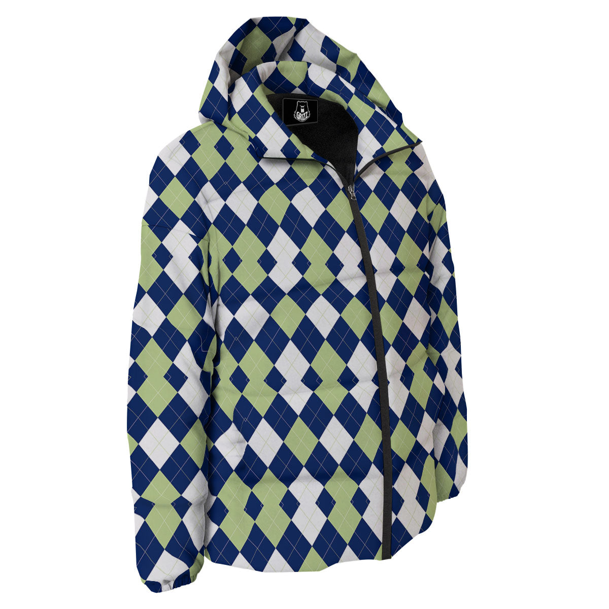 Navy Green And White Argyle Print Down Jacket-grizzshop