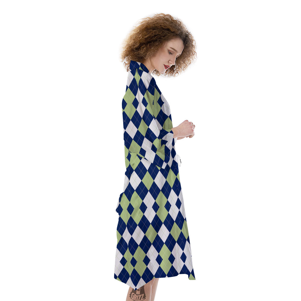 Navy Green And White Argyle Print Kimono-grizzshop