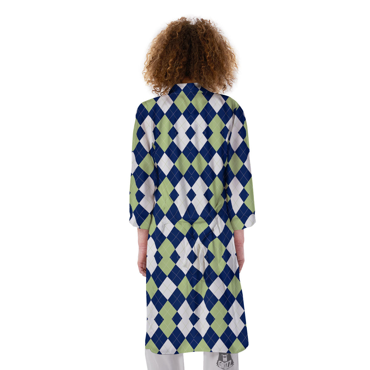 Navy Green And White Argyle Print Kimono-grizzshop