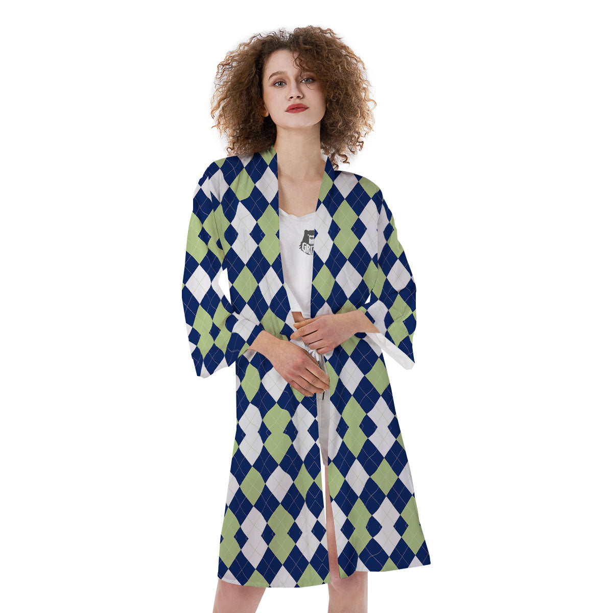 Navy Green And White Argyle Print Kimono-grizzshop