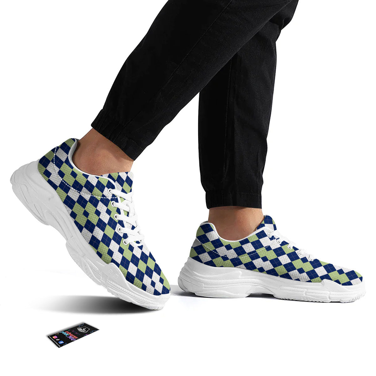 Navy Green And White Argyle Print White Chunky Shoes-grizzshop