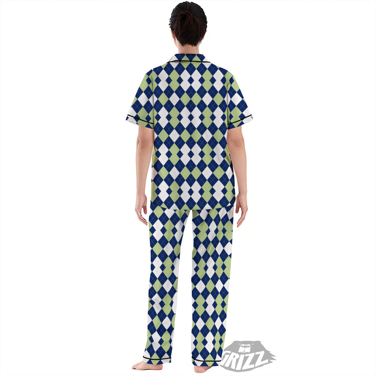 Navy Green And White Argyle Print Women's Pajamas Set-grizzshop