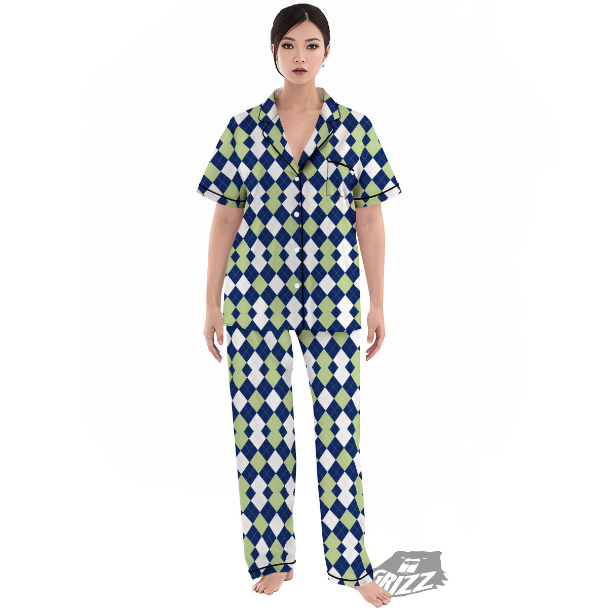 Navy Green And White Argyle Print Women's Pajamas Set-grizzshop