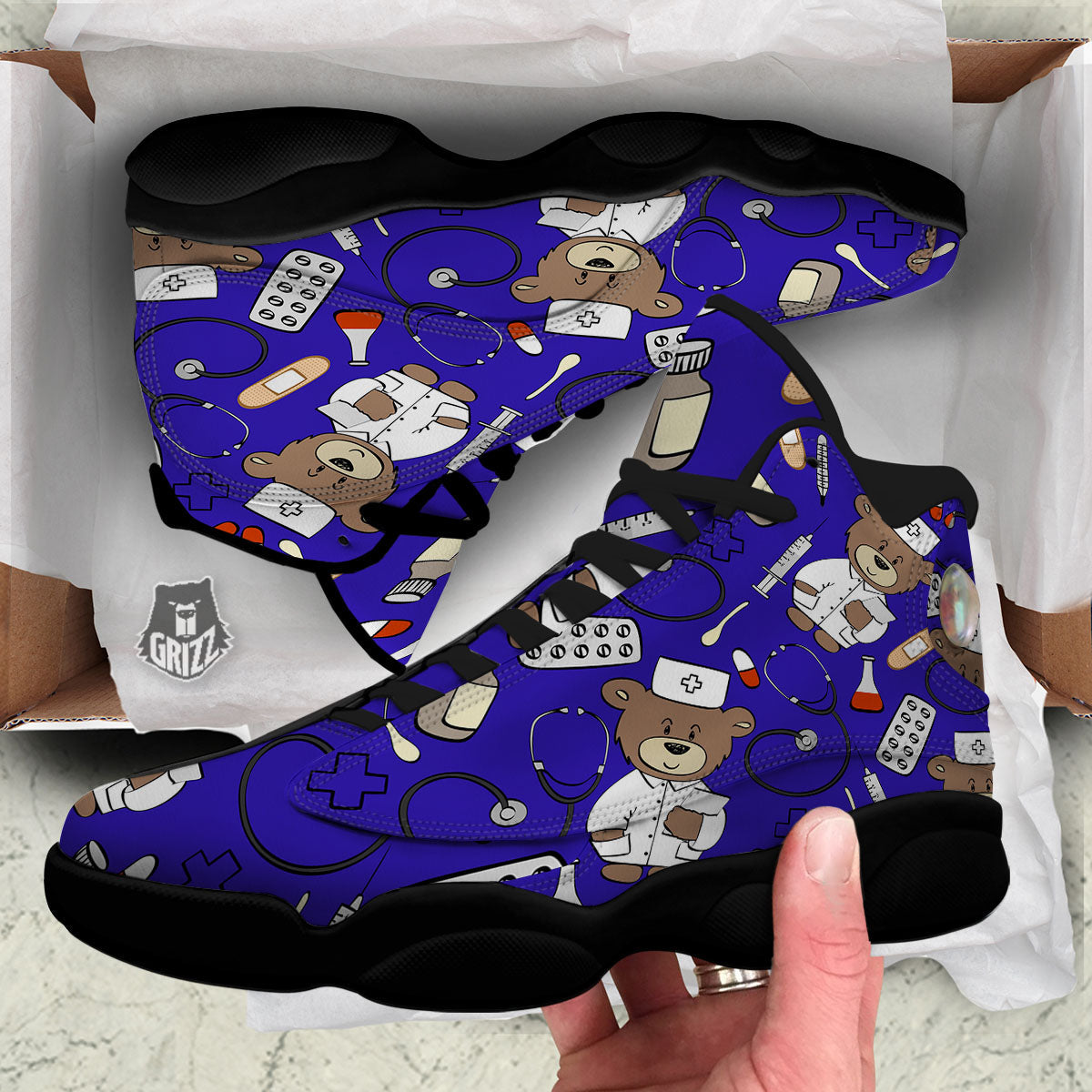 Navy Green Teddy Bear Nurse Black Basketball Shoes-grizzshop