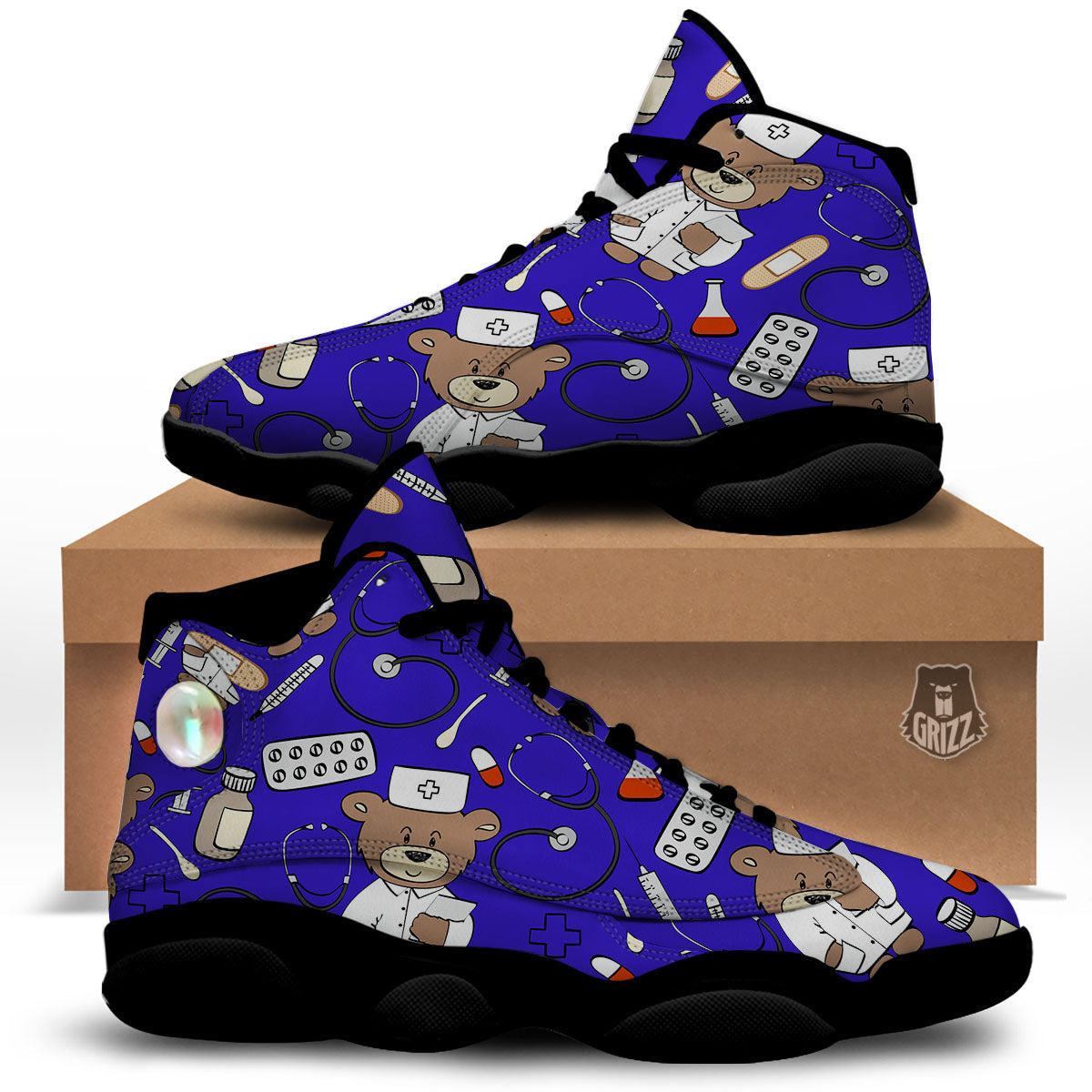 Navy Green Teddy Bear Nurse Black Basketball Shoes-grizzshop
