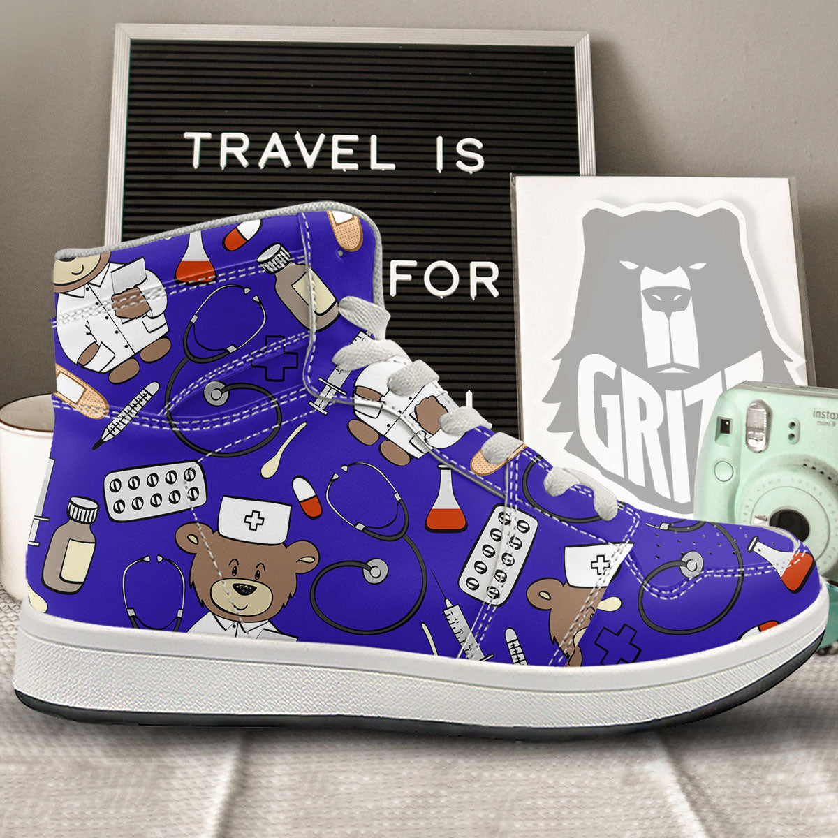 Navy Green Teddy Bear Nurse High Top Sneakers-grizzshop