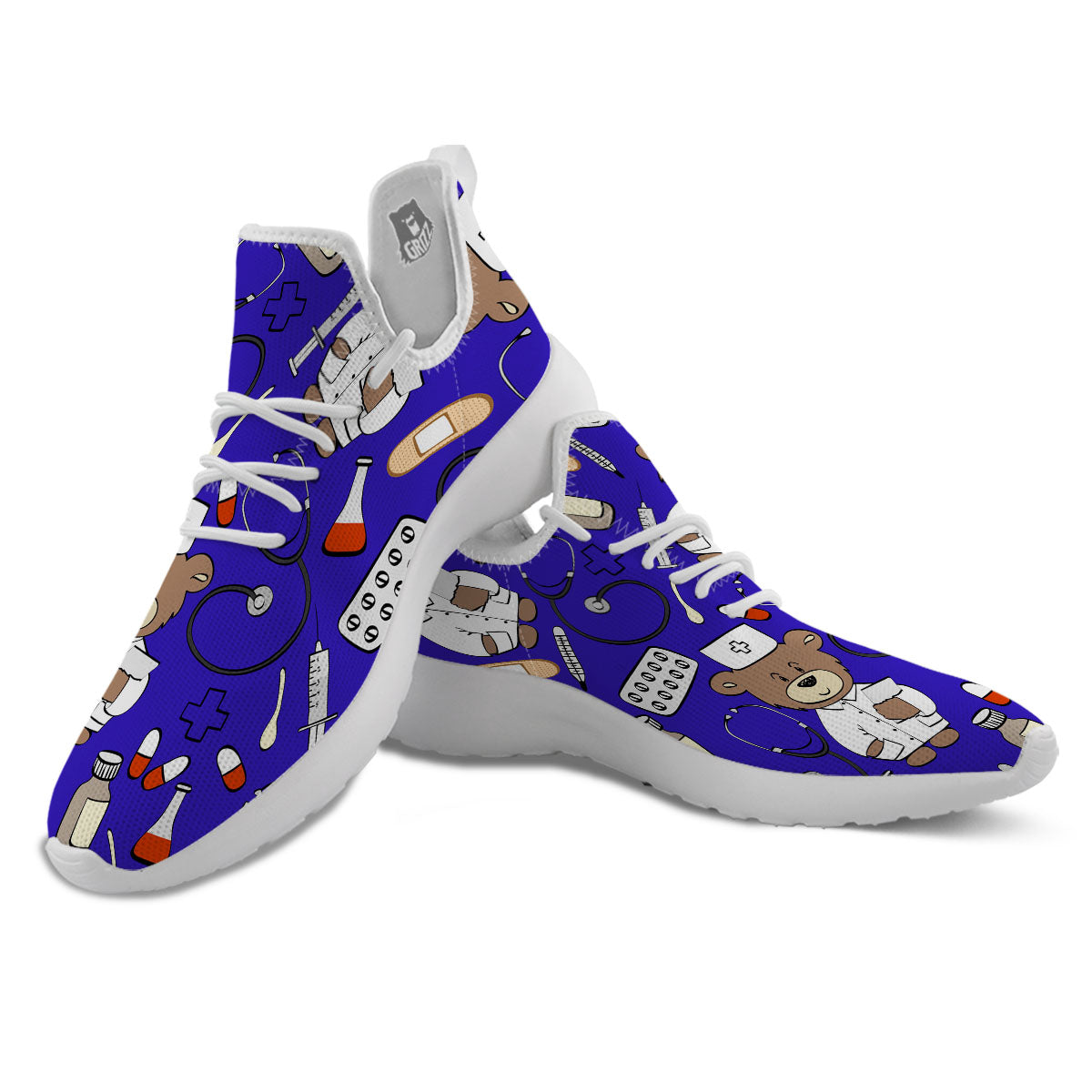 Navy Green Teddy Bear Nurse White Athletic Shoes-grizzshop