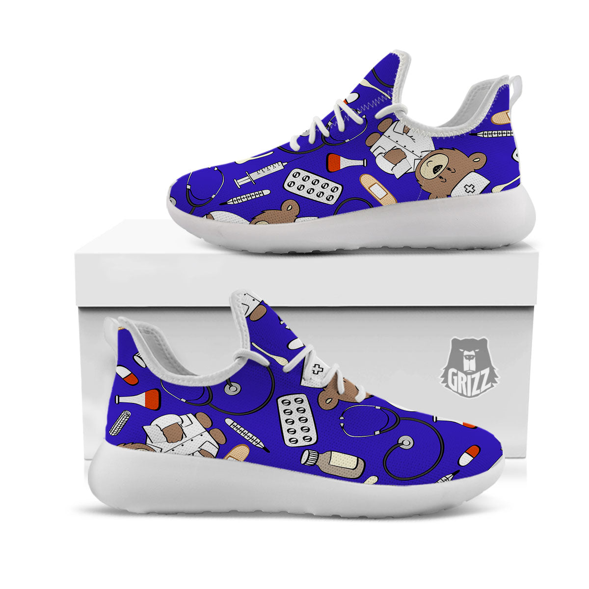 Navy Green Teddy Bear Nurse White Athletic Shoes-grizzshop