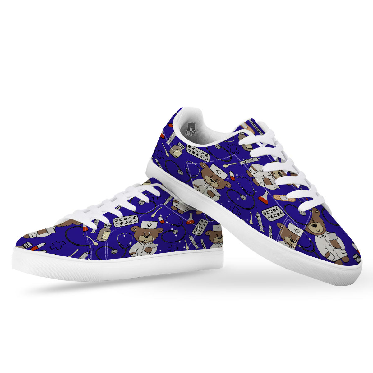 Navy Green Teddy Bear Nurse White Low Top Sneakers-grizzshop