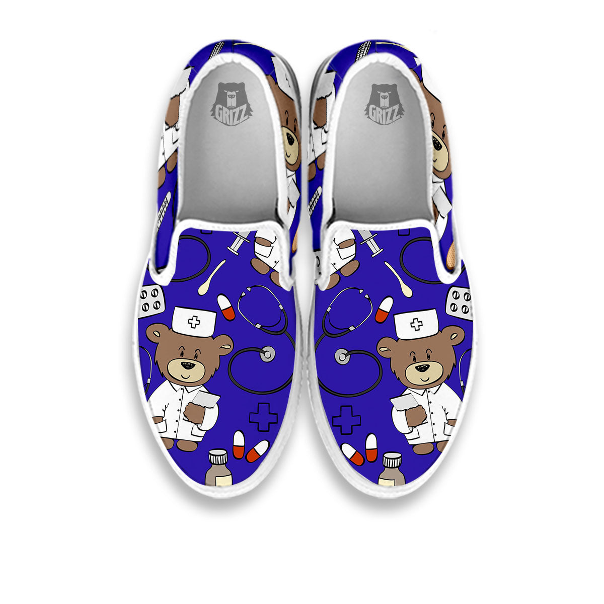 Navy Green Teddy Bear Nurse White Slip On Shoes-grizzshop