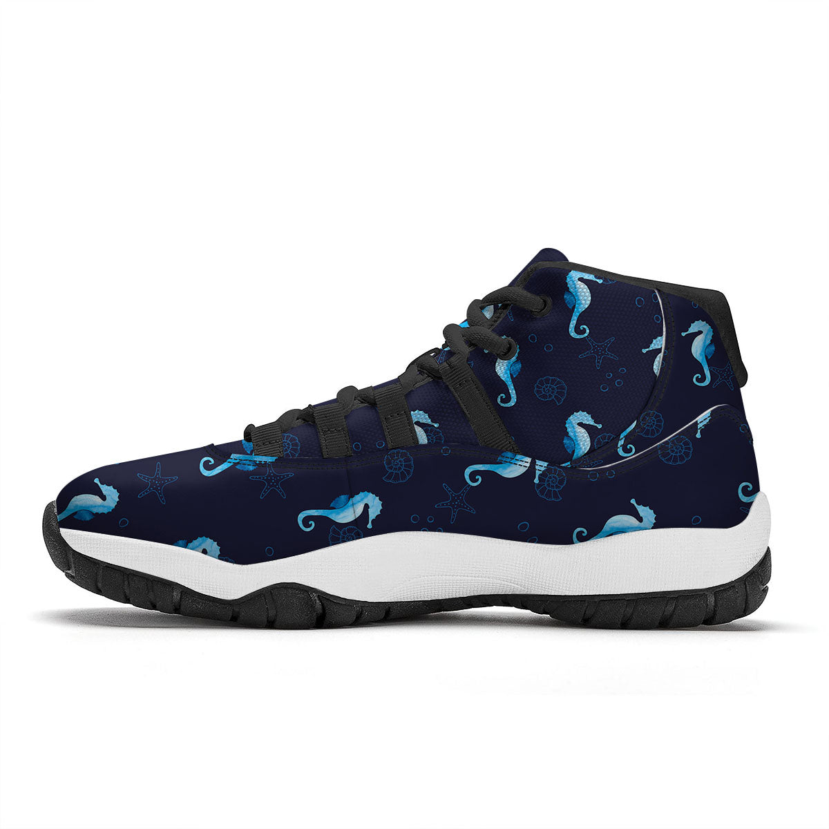 Navy Seahorse Pattern Print Black Bball Shoes-grizzshop