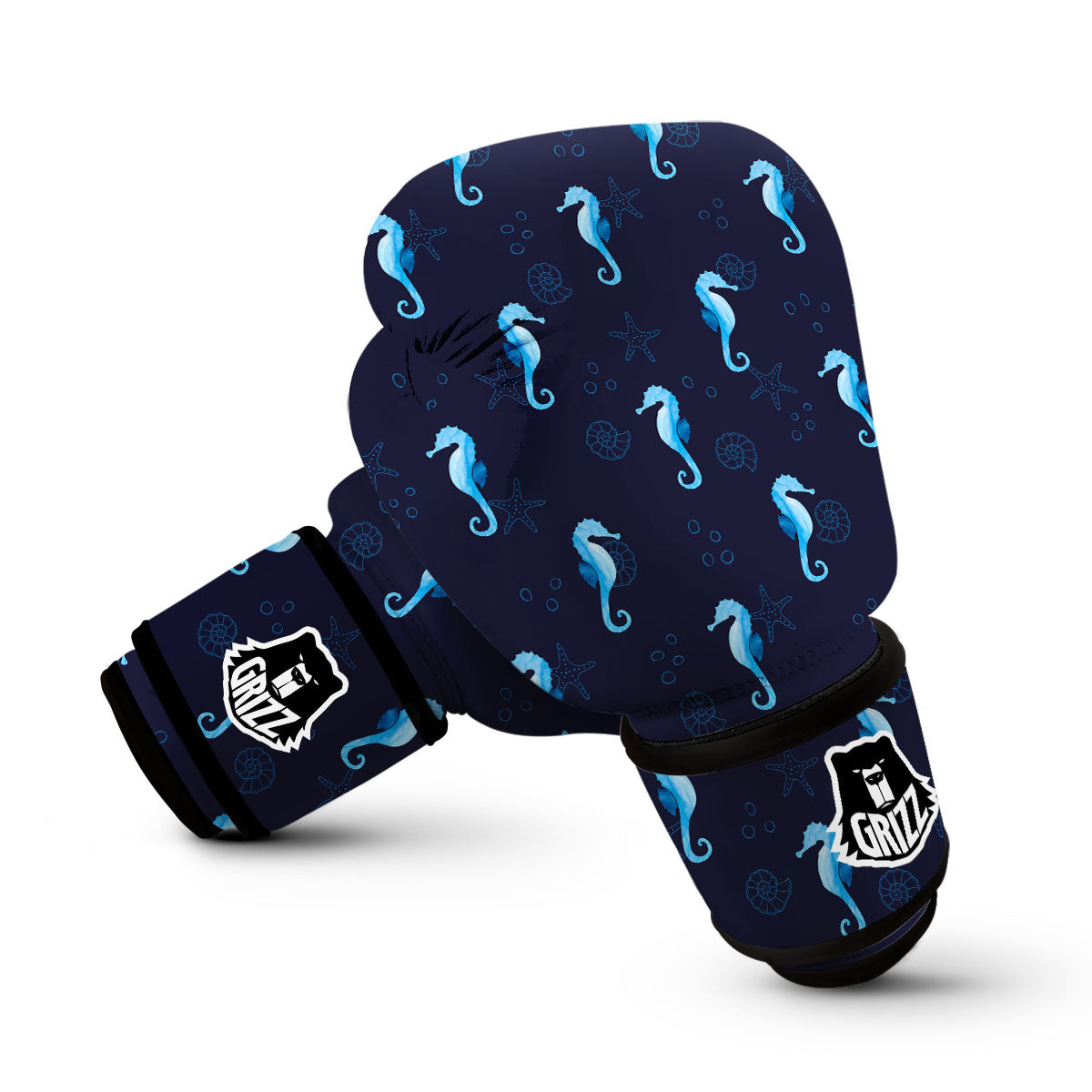 Navy Seahorse Pattern Print Boxing Gloves-grizzshop